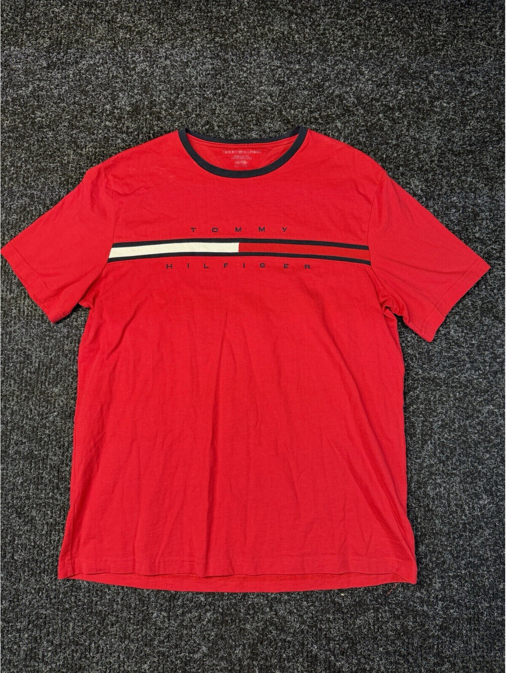 Tommy Hilfiger Red Logo Stripe T-Shirt Men’s XL Regular Fit Classic Tee